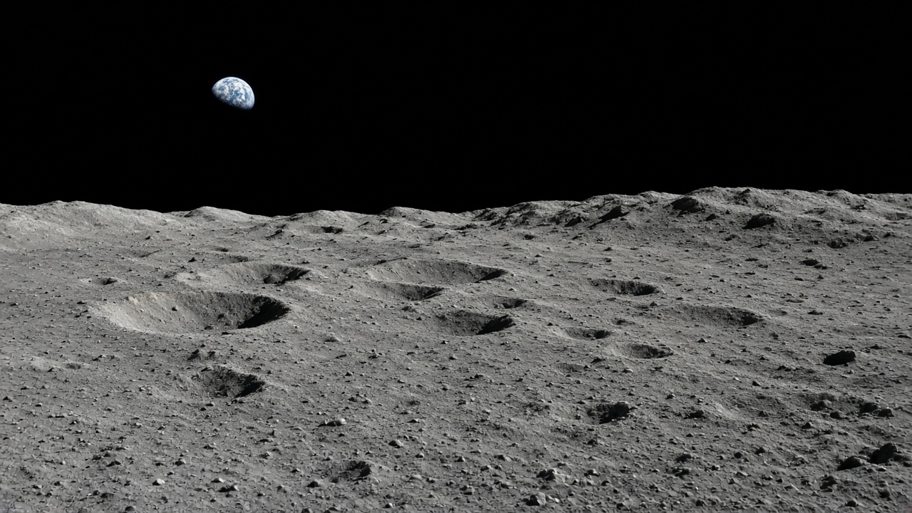 Photoreal empty lunar surface under a dark sky